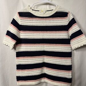 Striped Crochet Sweater - Pink, Navy, and White
